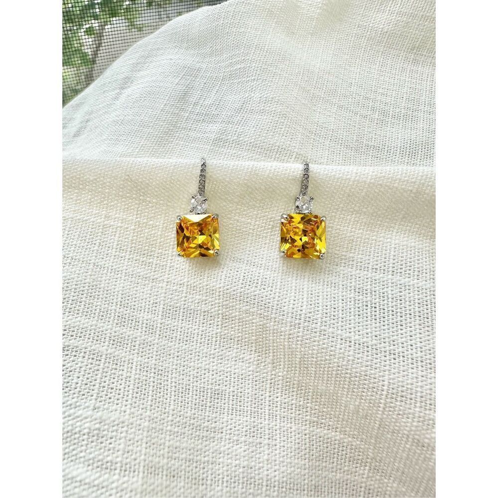 Brilliant canary cubic zirconia princess cut dangle earrings  - Picture 2 of 3